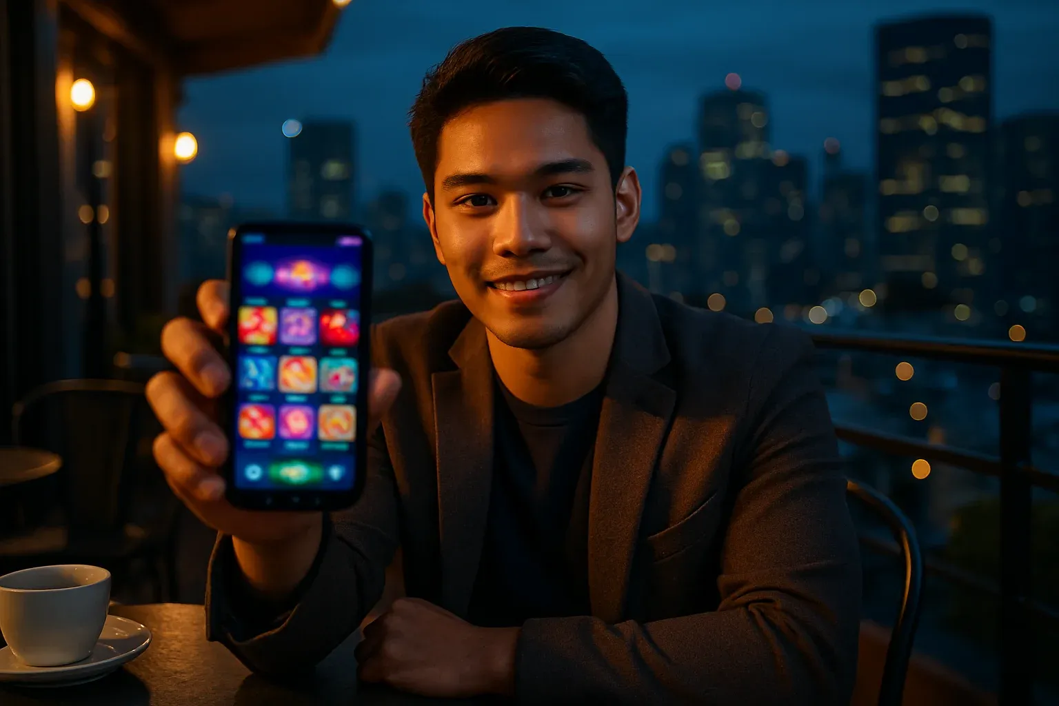 Young Filipino man at BGC rooftop cafe showing casino app on smartphone