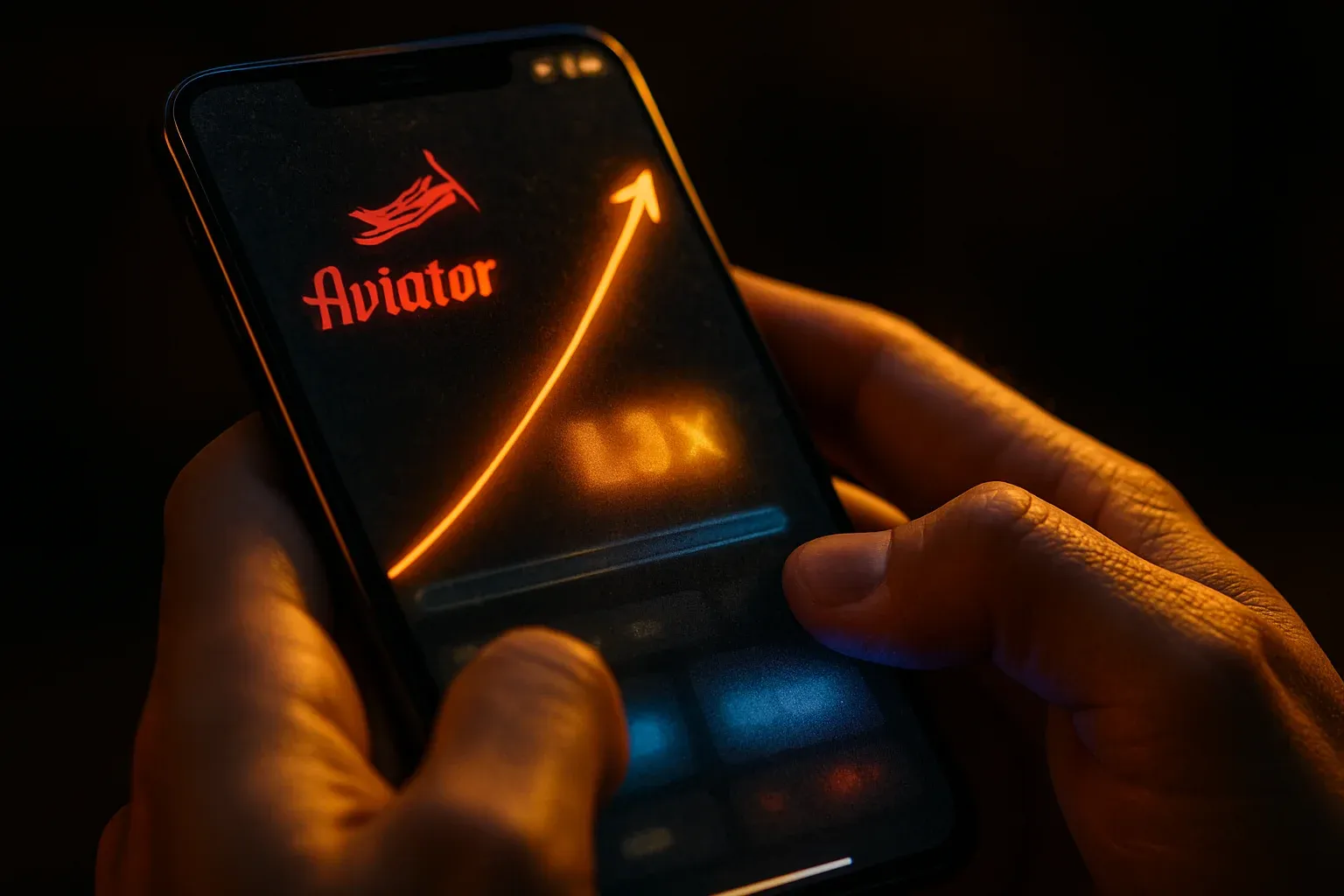 Macro close-up of smartphone showing blurred Aviator crash game interface glow