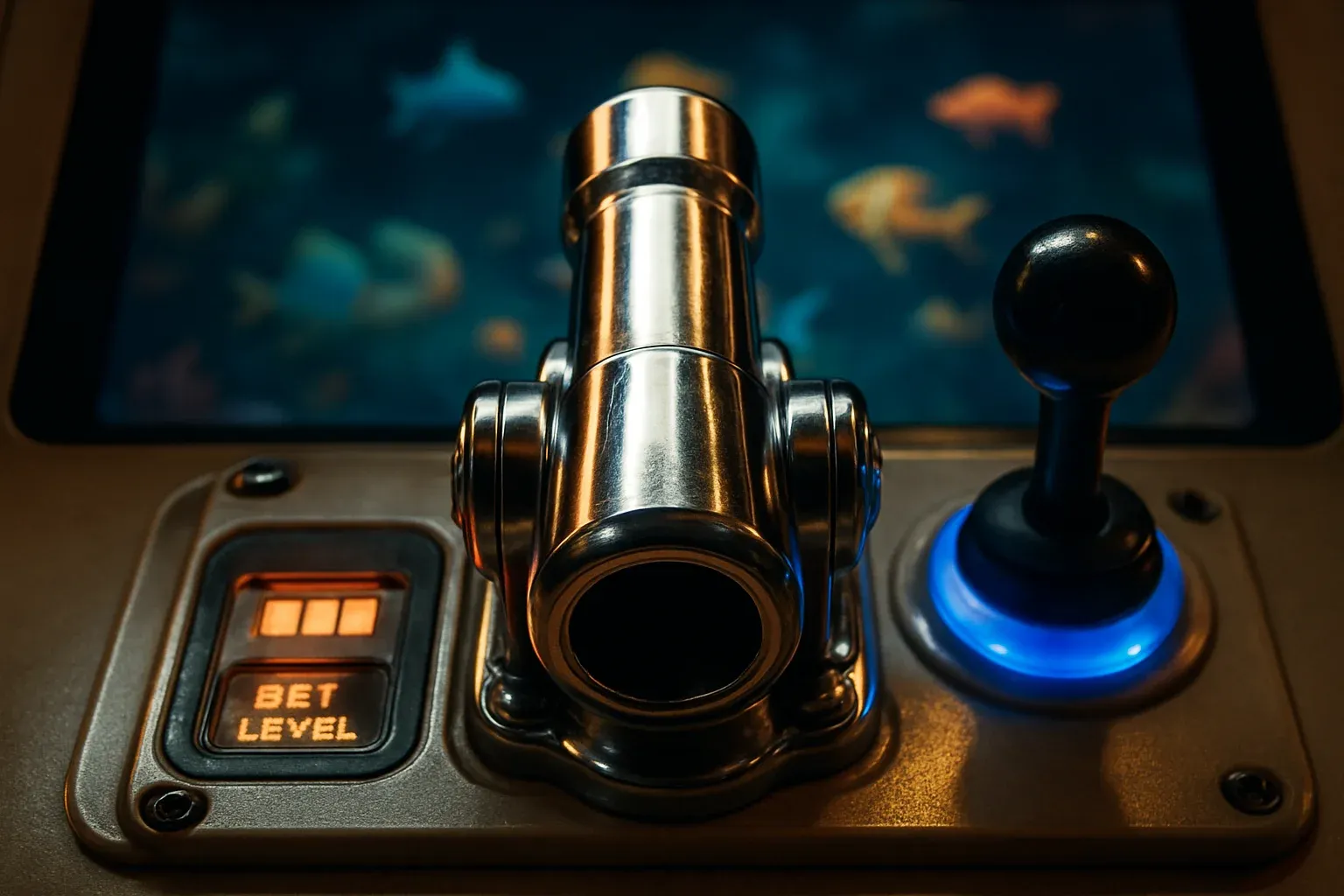 Macro close-up of chrome fishing game cannon with LED joystick and glowing display