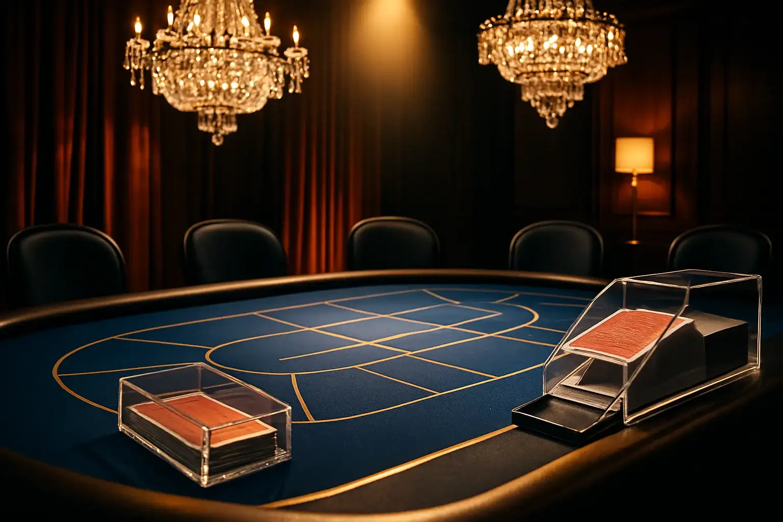 Hyperrealistic luxury baccarat table with blue felt, gold trim, chandeliers