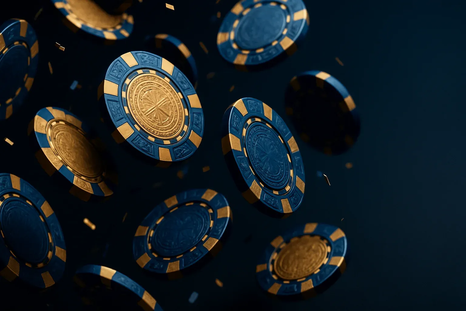 Hyperrealistic macro shot of golden and blue casino chips raining down