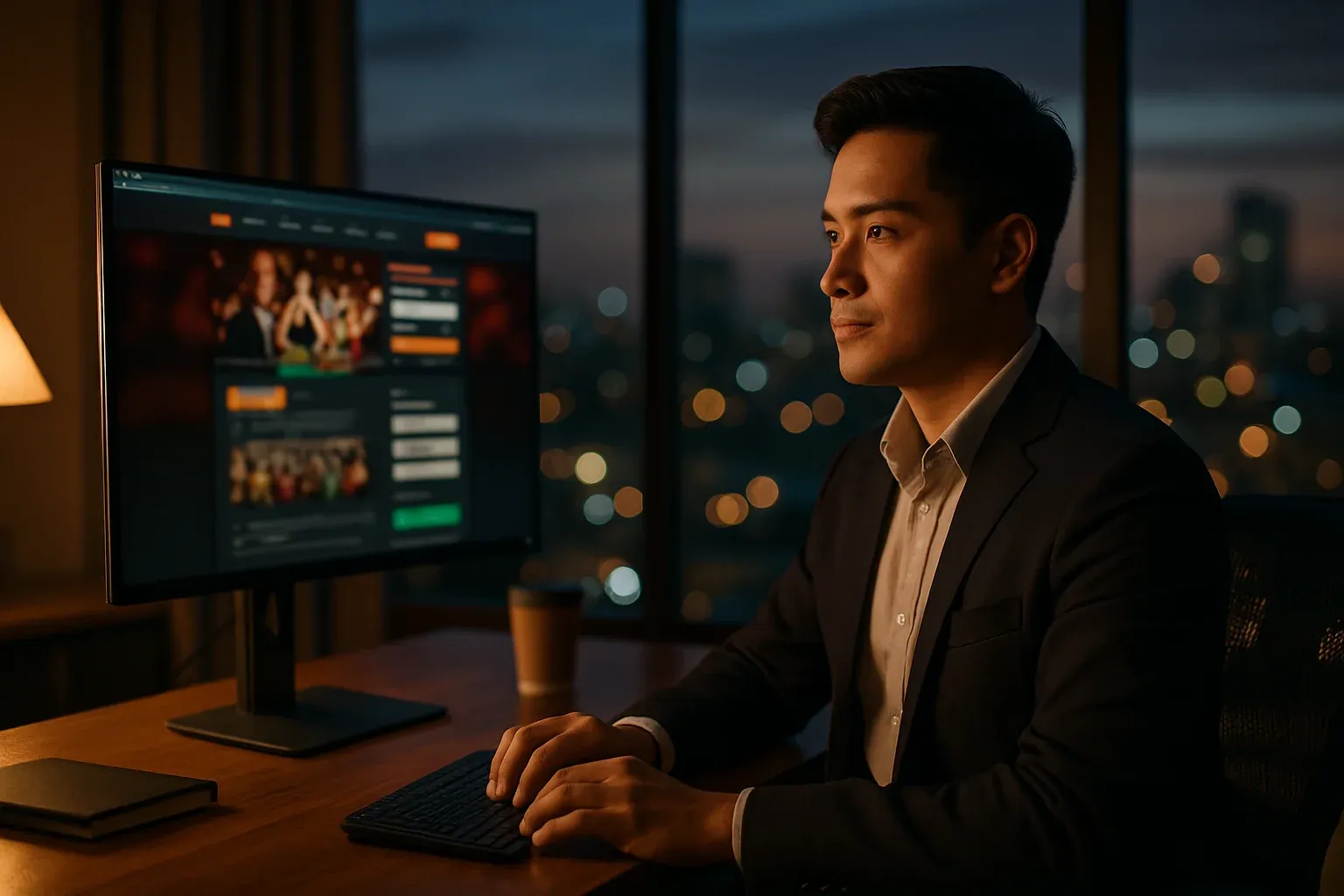 Filipino young professional registering on casino site at home office in Manila