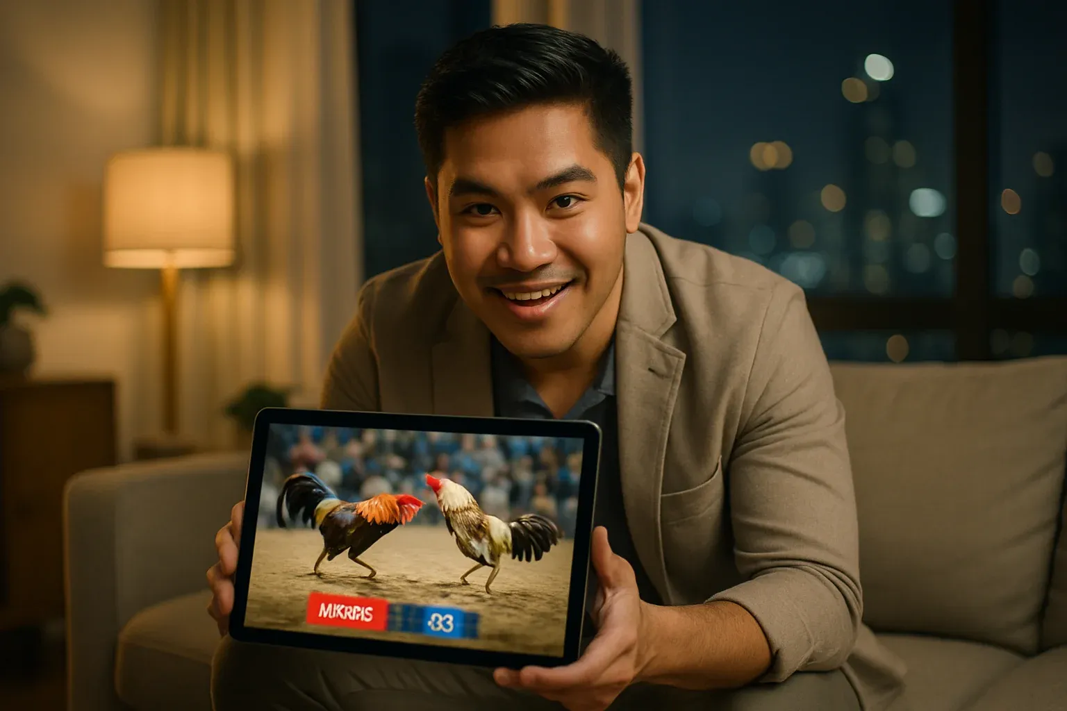 Filipino man in Manila living room holding tablet showing blurred sabong stream