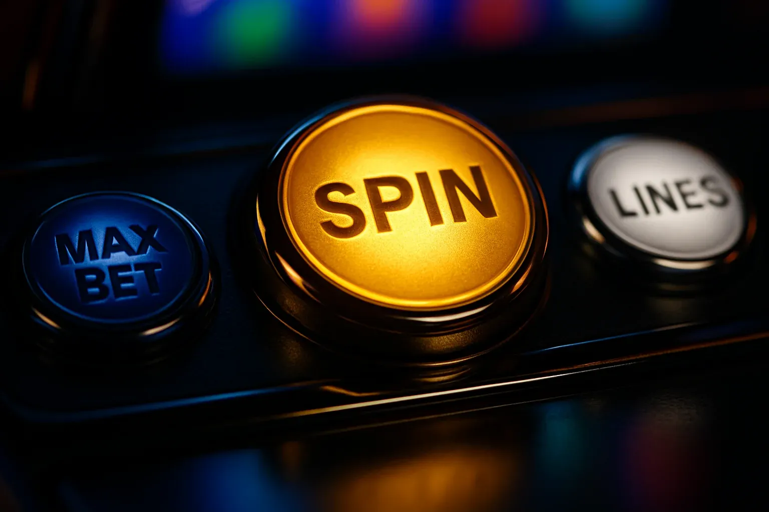 Macro photo of slot machine panel with glowing gold spin button
