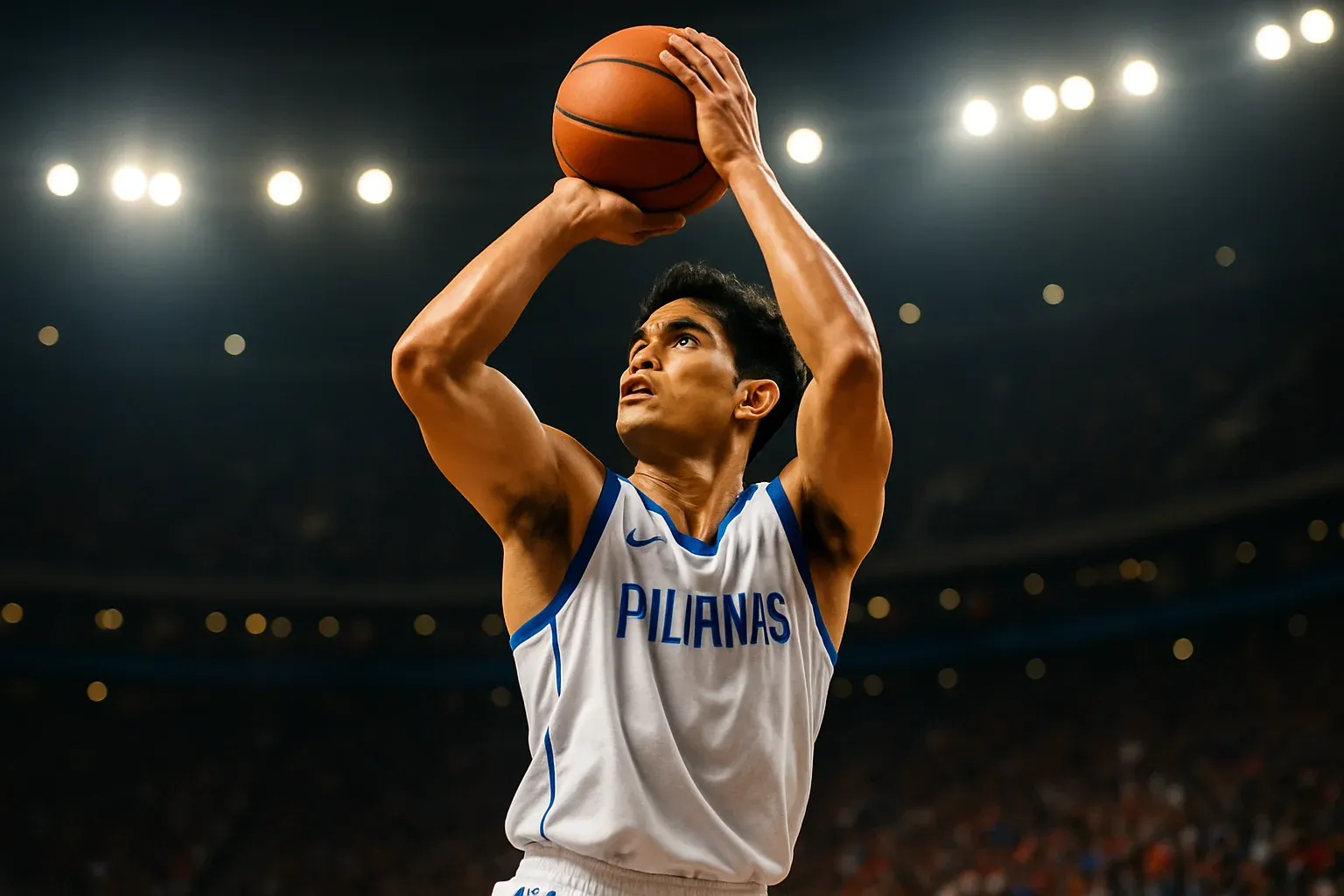 Filipino basketball player rising for mid-range jump shot under arena floodlights